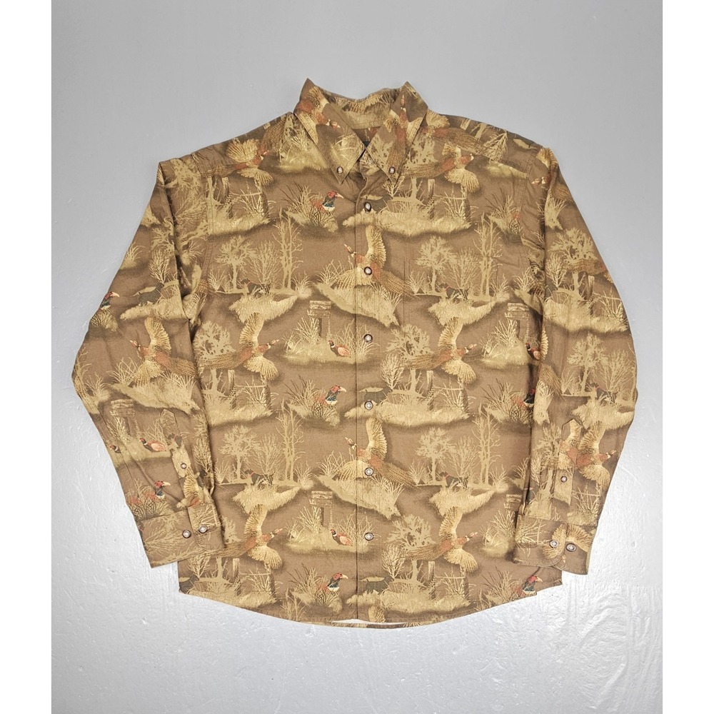 Cabelas Button Down Shirt Mens Large Brown Pheasant Labrador Hunting Longsleeve